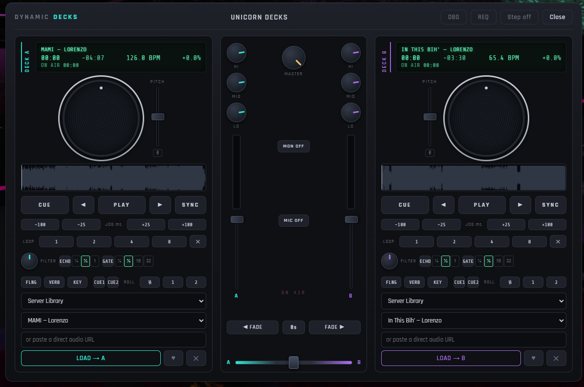 Dynamic Decks two-deck console — live waveforms, BPM detection, loops and cue points