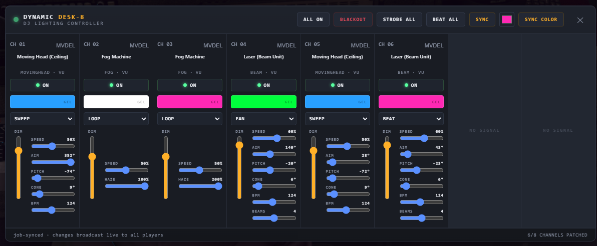 Dynamic DJ Lighting 8-channel desk — per-channel gels, modes, and HAZE faders, job-synced live to all players